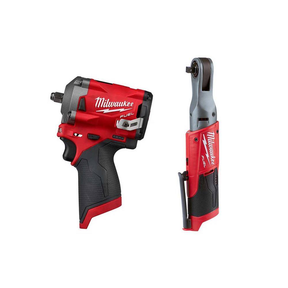 Milwaukee 2554-20-2557-20 M12 FUEL 12V Lithium-Ion Brushless Cordless Stubby 3/8 in. Impact Wrench and Ratchet Kit (Tool-Only Kit)