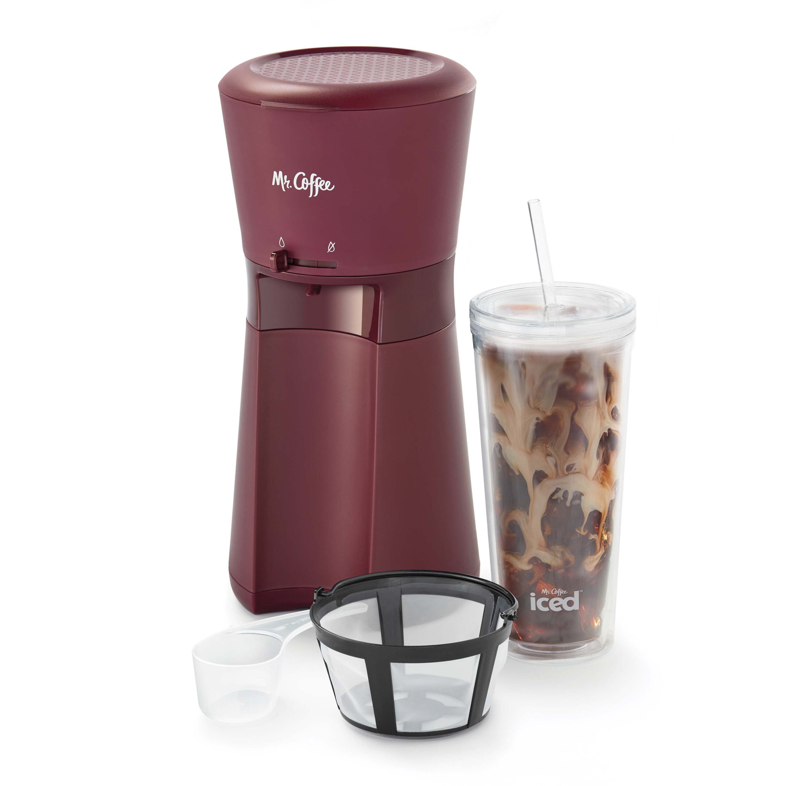 Mr. Coffee® Iced™ Coffee Maker with Reusable Tumbler and Coffee Filter. Burgundy