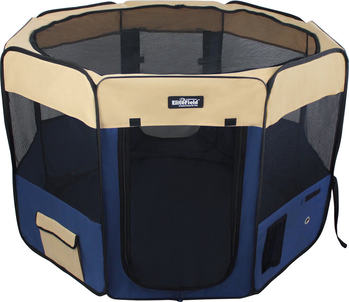 EliteField 2-Door Soft-Sided Dog & Cat Playpen - Beige & Navy Blue (48x48x32in)