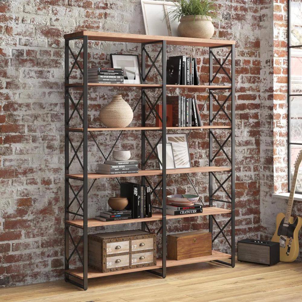 KINWELL 80 in. Brown Vintage Wood 6-Shelf Etagere Bookcase with Black Metal Frame