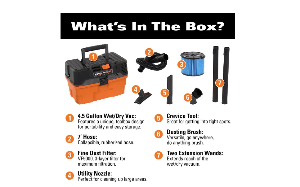 RIDGID WD4522 4.5 Gallon 5.0-Peak HP ProPack Wet/Dry Shop Vacuum with Fine Dust Filter. Expandable Hose and Accessories