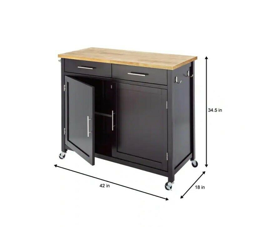 StyleWell Glenville Black Double Drawer Kitchen Cart with Butcher Block Top and Locking Wheels (42″ W)
