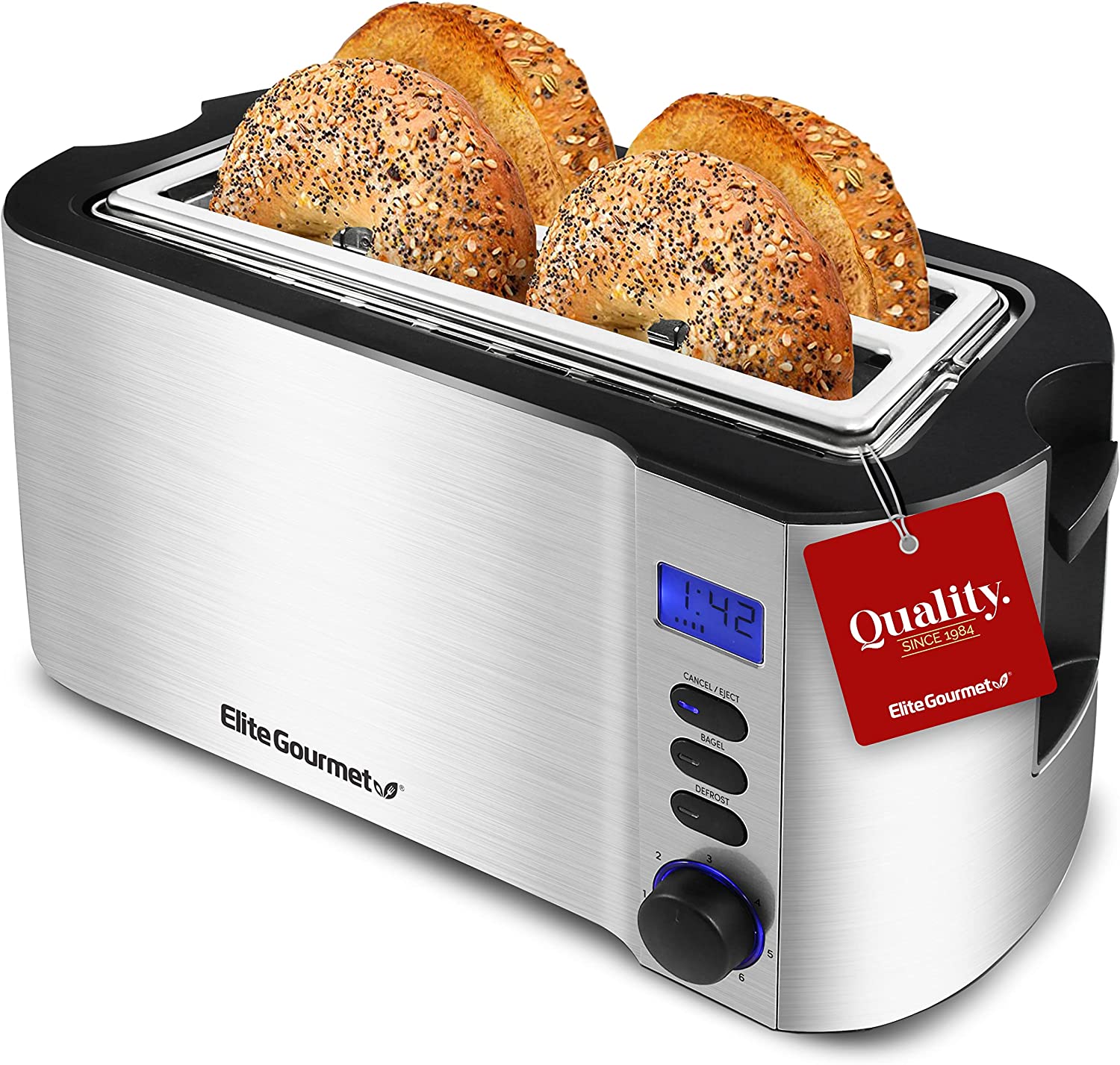 Elite Gourmet ECT4400B# Long Slot 4 Slice Toaster. Countdown Timer. Bagel Function. 6 Toast Setting. Defrost. Cancel Function. Built-in Warming Rack. Extra Wide Slots for Bagel Waffle. Stainless Steel