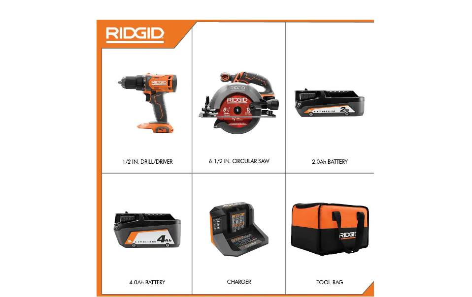 RIDGID R9207 18V Cordless 1/2 in. Drill/Driver and 6-1/2 in. Circular Saw Combo Kit with 2.0 Ah and 4.0 Ah Battery. Charger. and Bag