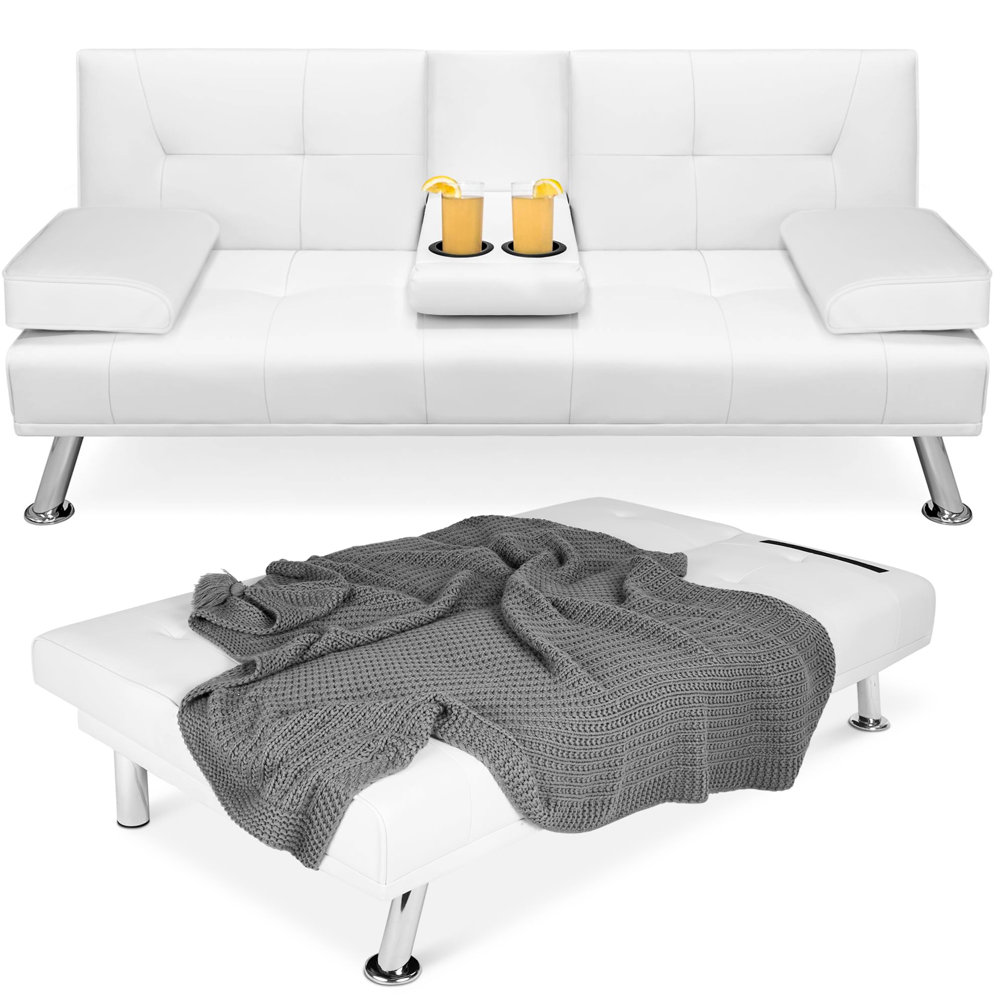 Best Choice Products Modern Faux Leather Convertible Futon Sofa w/ Removable Armrests. Metal Legs. 2 Cupholders - White