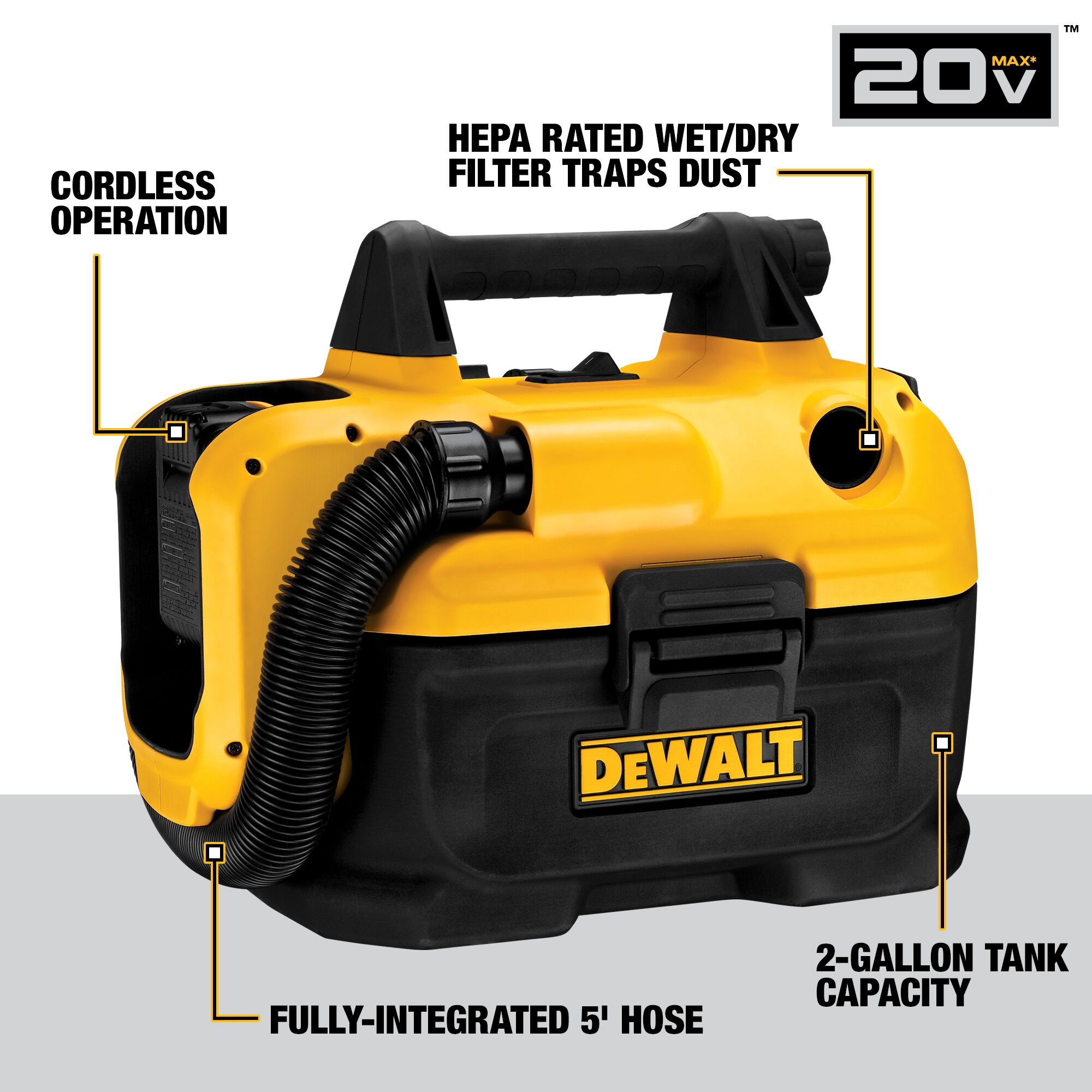 DEWALT 20-volt Max 2-Gallons Cordless Wet/Dry Shop Vacuum (Tool Only)