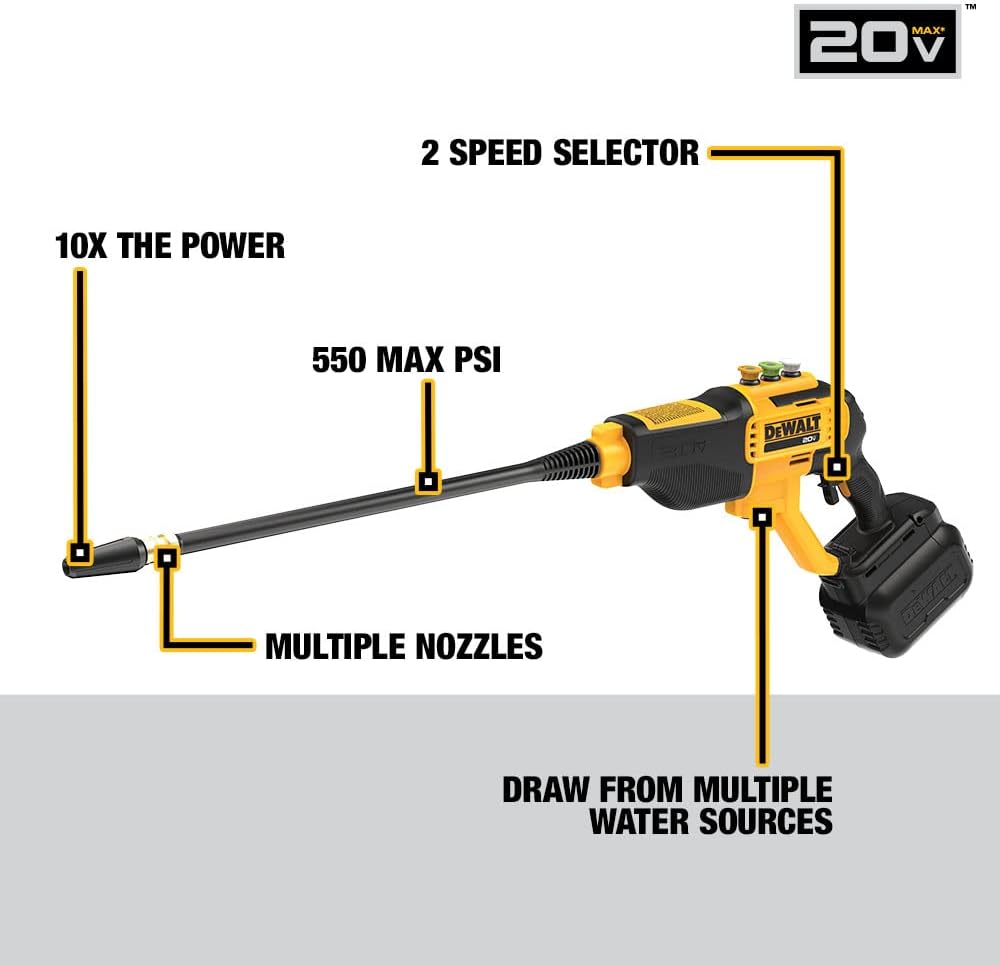 DEWALT Cordless Pressure Washer. Power Cleaner. 550-PSI. 1.0 GPM. Battery & Charger Included (DCPW550P1)