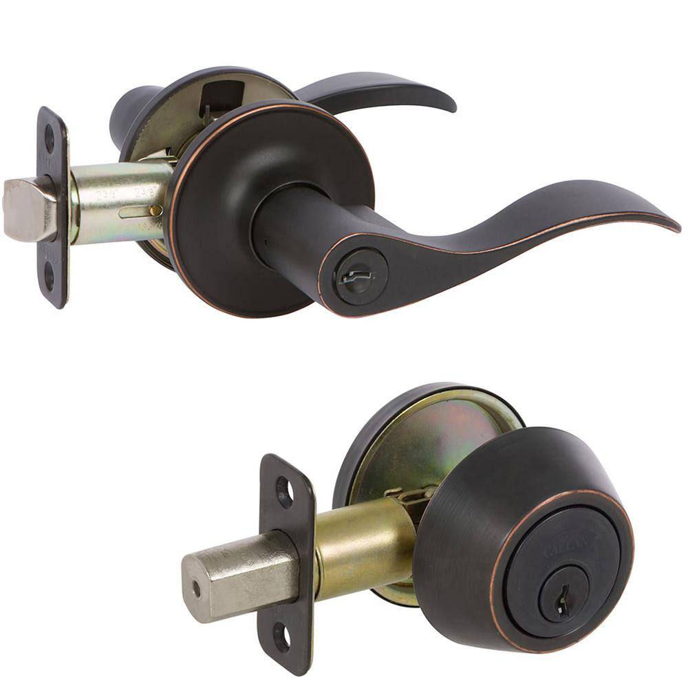 DELANEY HARDWARE KIT#BN3007R-PP 5-Bennett Edged Oil Rubbed Bronze Entry Door Handles and 5-Edged Oil Rubbed Bronze Sgl Cyl Deadbolts All Keyed Alike