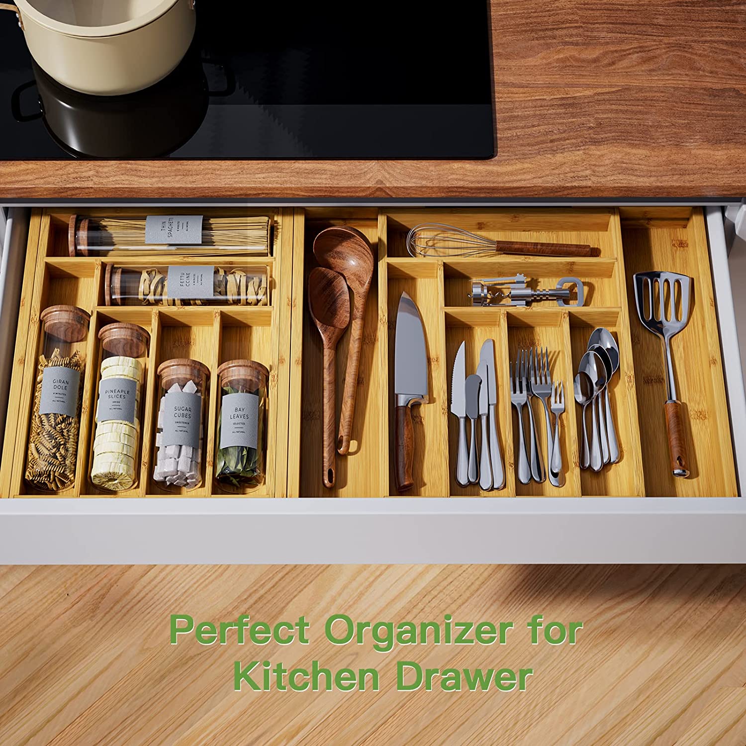 Bamboo Expandable Drawer Organizer for Utensils Holder. Adjustable Cutlery Tray