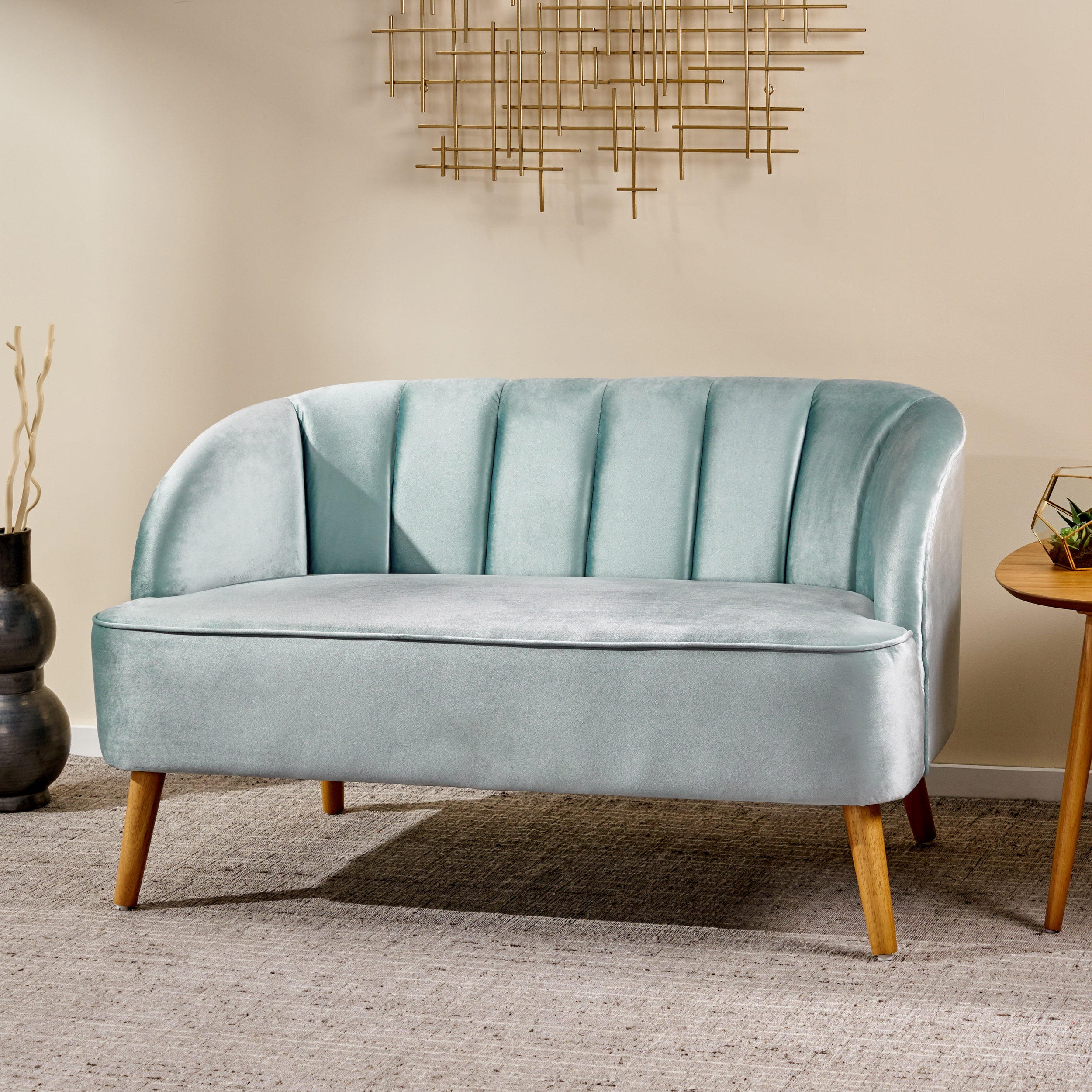 Noble House Albert Indoor Modern Velvet Scalloped Loveseat. Seafoam Blue