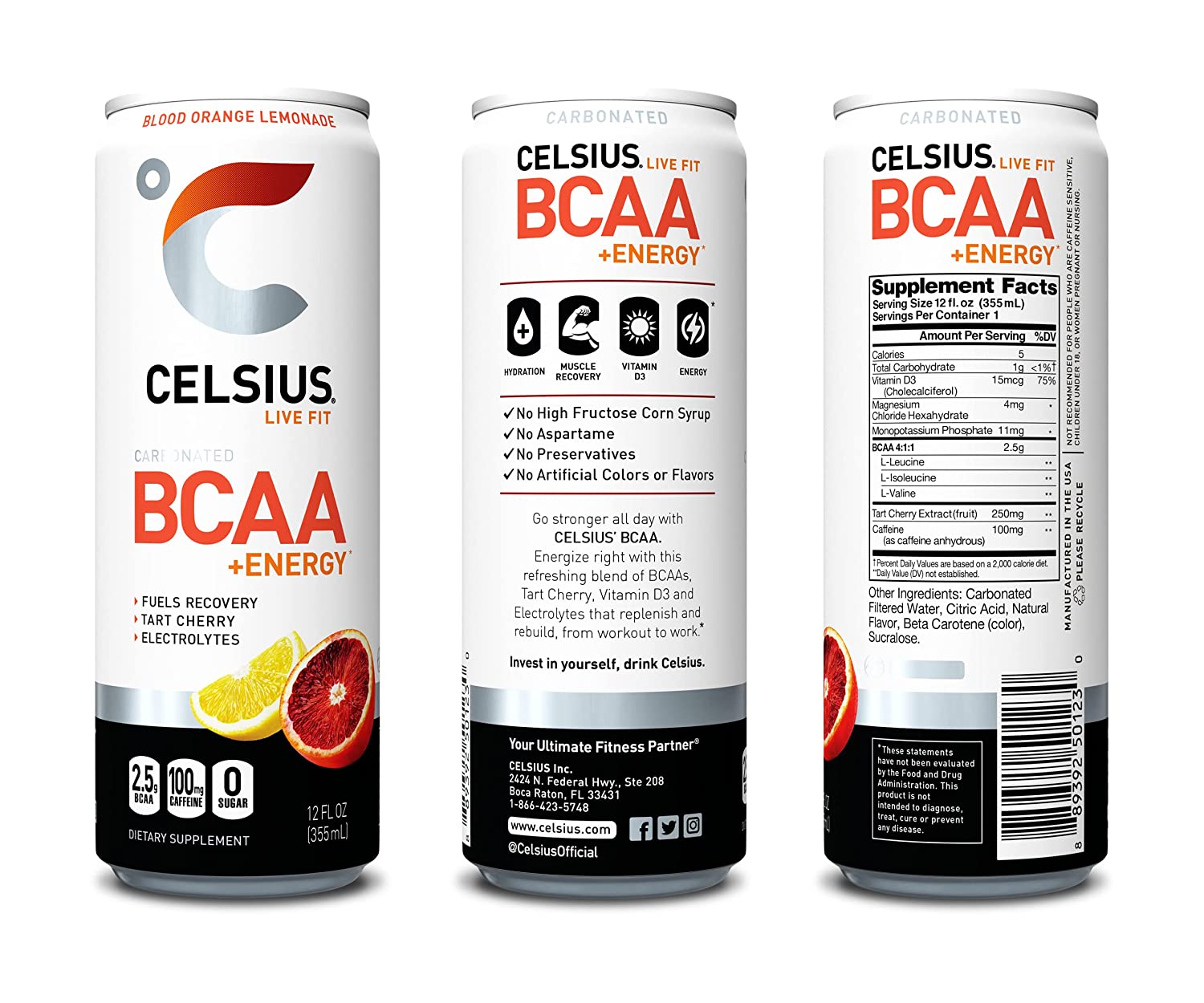 CELSIUS BCAA +Energy Sparkling Post-Workout Recovery & Hydration Drink. Slim Can. Blood Orange Lemonade. 12oz (Pack of 12). 144 Fl Oz