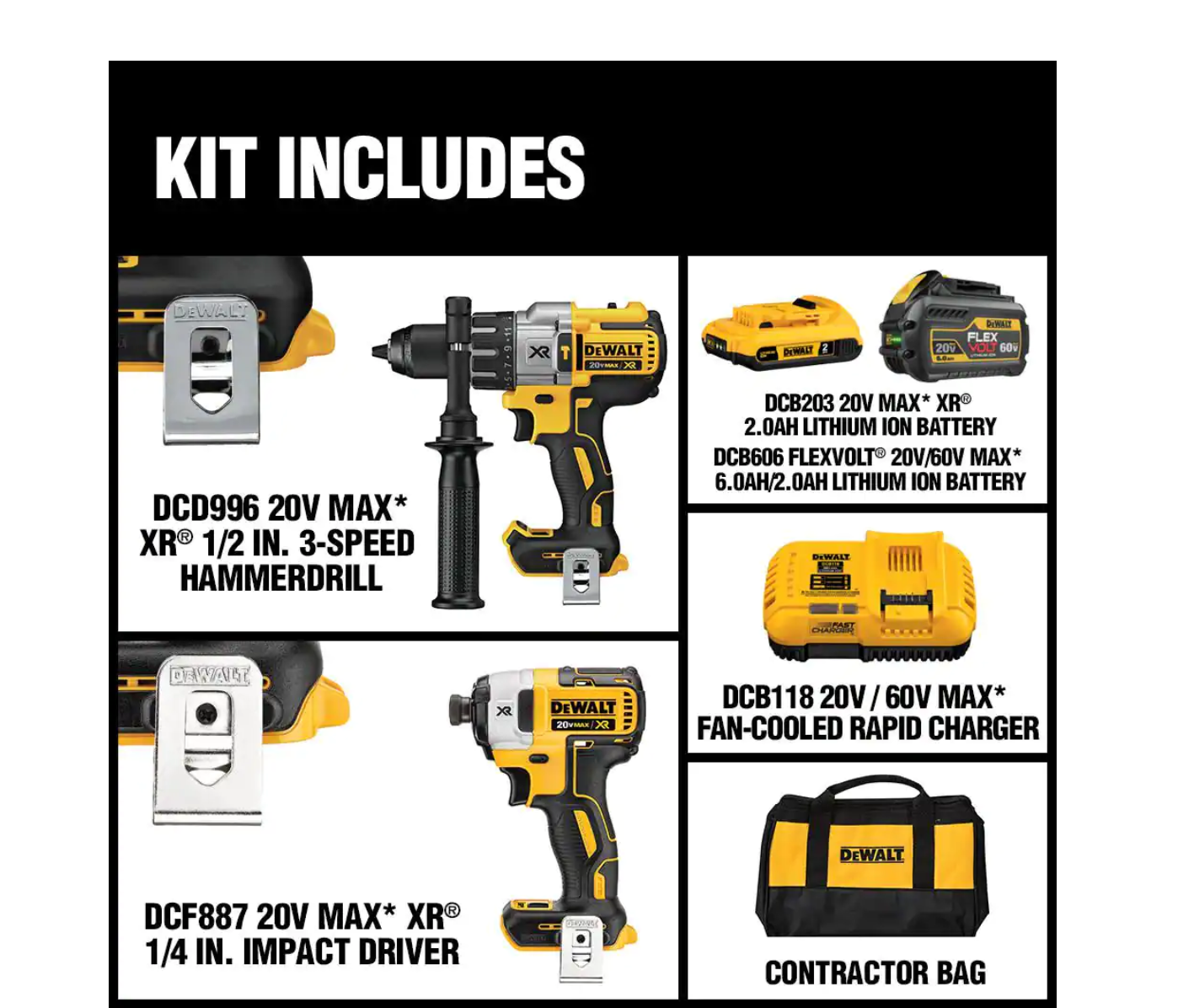 DEWALT DCK299D1T1 20-Volt MAX Cordless Brushless Combo Kit (2-Tool) with (1) FLEXVOLT 6.0Ah Battery. (1) 20-Volt 2.0 Battery & Charger