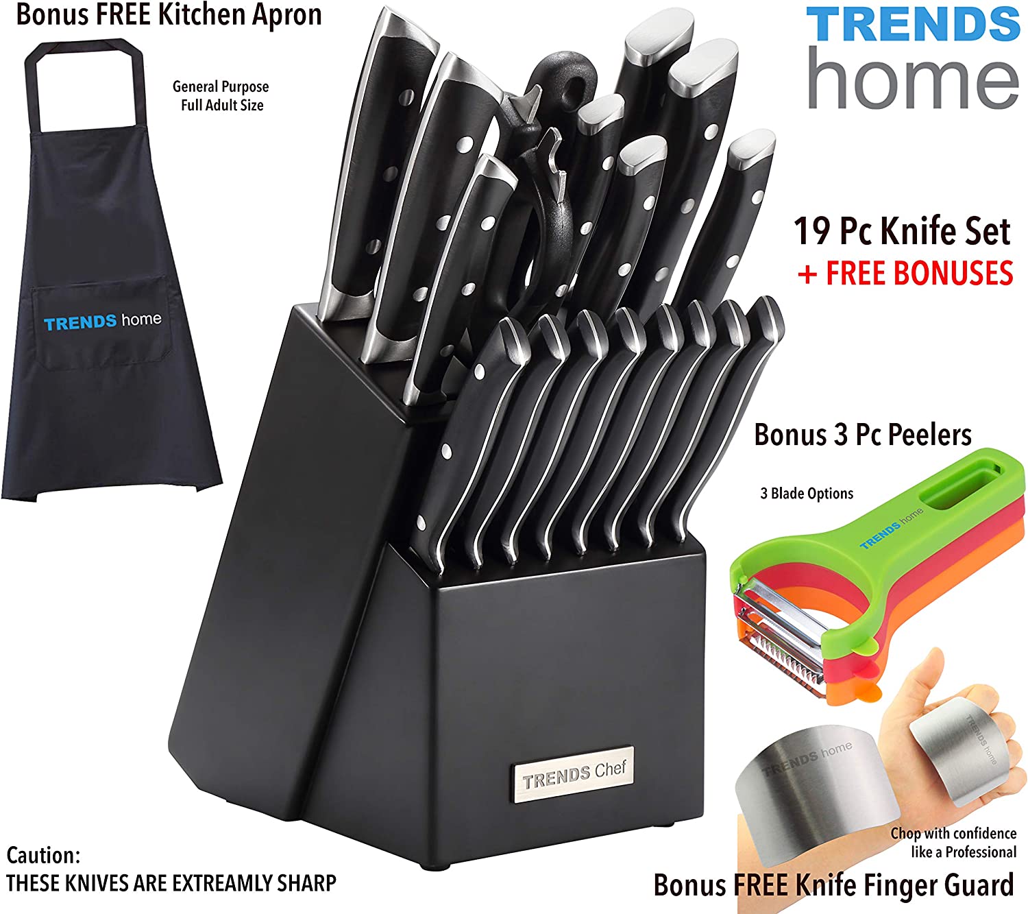 TRENDS Chef 19 Pc Premium German Steel #1.4116 Kitchen Knife Block Set. Triple Rivet. This set of Knives is a super sharp knife set for the kitchen. 16 Knives. Sharpener. Block. and kitchen shears.