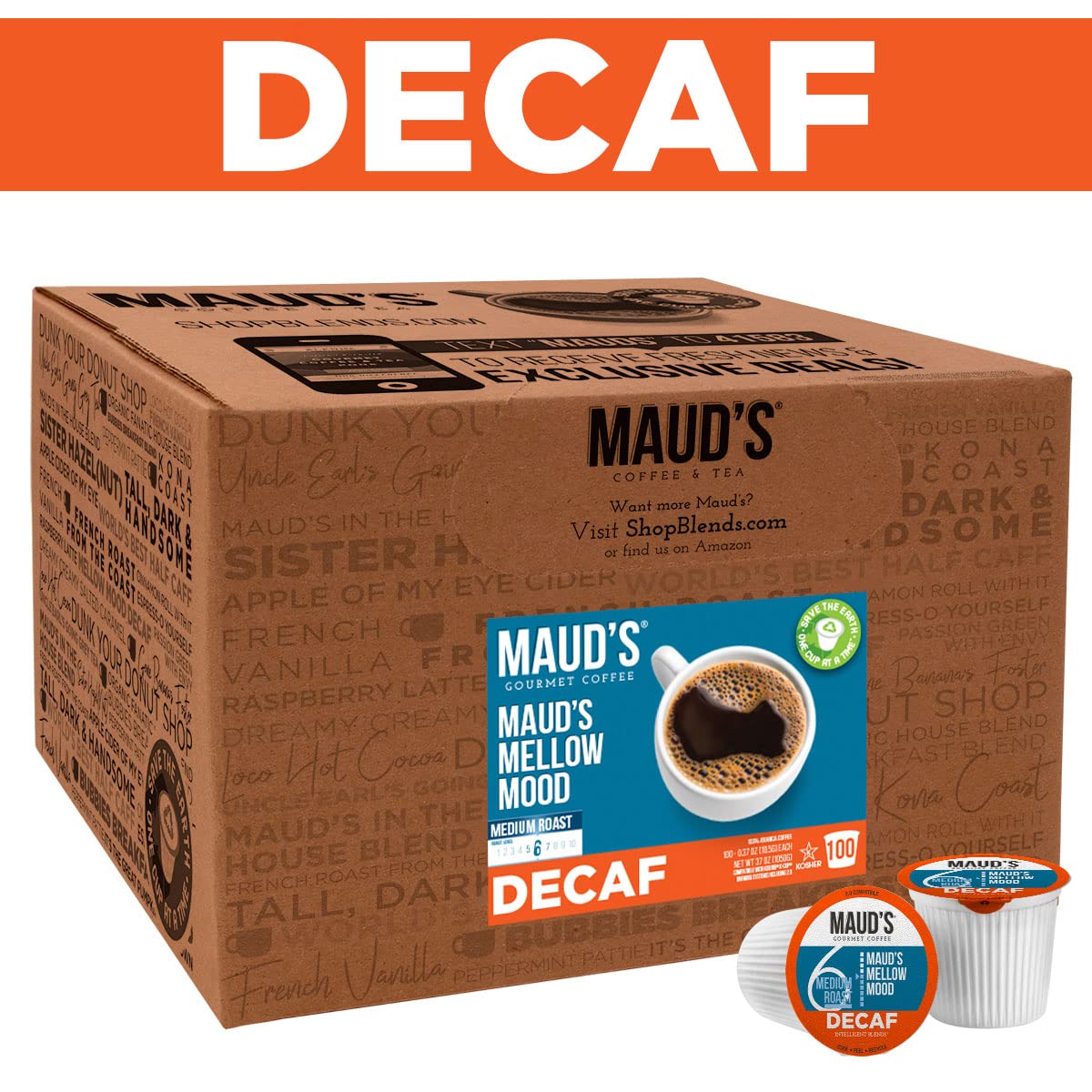 Maud's Decaf Medium Dark Roast Coffee (Mellow Mood). 100ct. Solar Energy Produced Recyclable Single Serve Decaf Medium Dark Roast Coffee Pods – 100% Arabica Coffee California Roasted. KCup Compatible