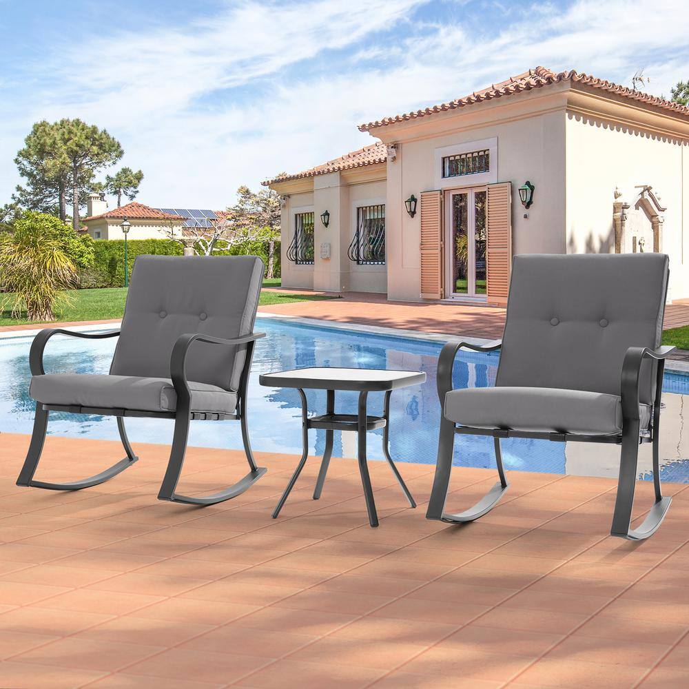 JOYESERY  3-Piece Patio Bistro Set Steel Frame Rocking Chair With Sponge Grey Cushions and Tempered glass table