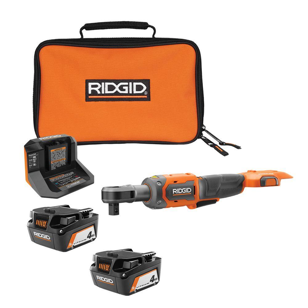 RIDGID R866012B-AC93044SBN 18V Brushless Cordless 1/2 in. Ratchet with (2) 4.0 Ah Batteries. Charger. and Bag