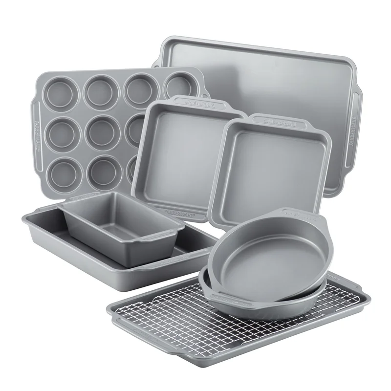 Farberware 46650 Nonstick Steel Bakeware Set with Cooling Rack. Baking Pan and Cookie Sheet Set with Nonstick Bread Pan and Cooling Grid. 10-Piece Set. Gray