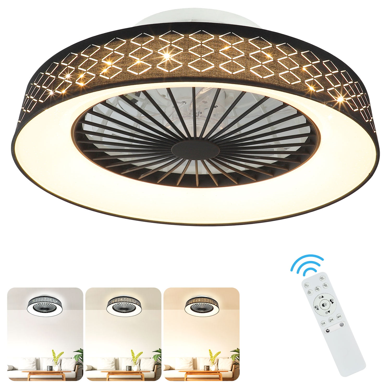 DingLiLighting 18″ Modern Remote Control Ceiling Fan for Bedroom. Kids Ceiling Fan with Hidden blade. Flush Mount Ceiling Fan. Low Profile. 3 Colors Changing. Timing