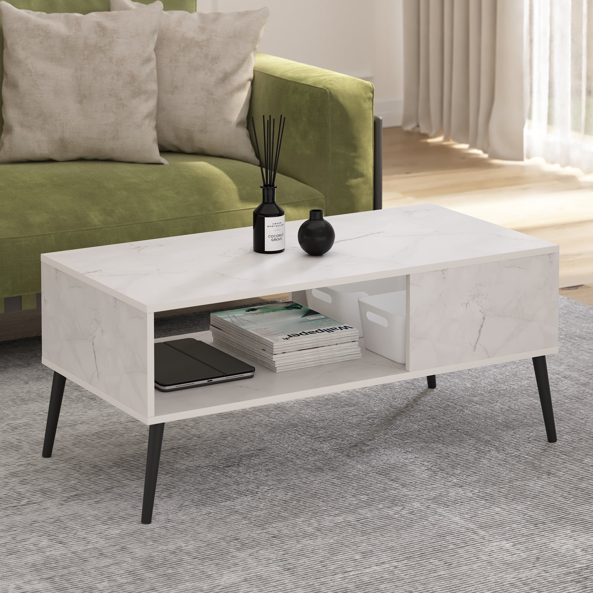 Furinno Claude Mid Century Style Coffee Table with Wood Legs. Marble White