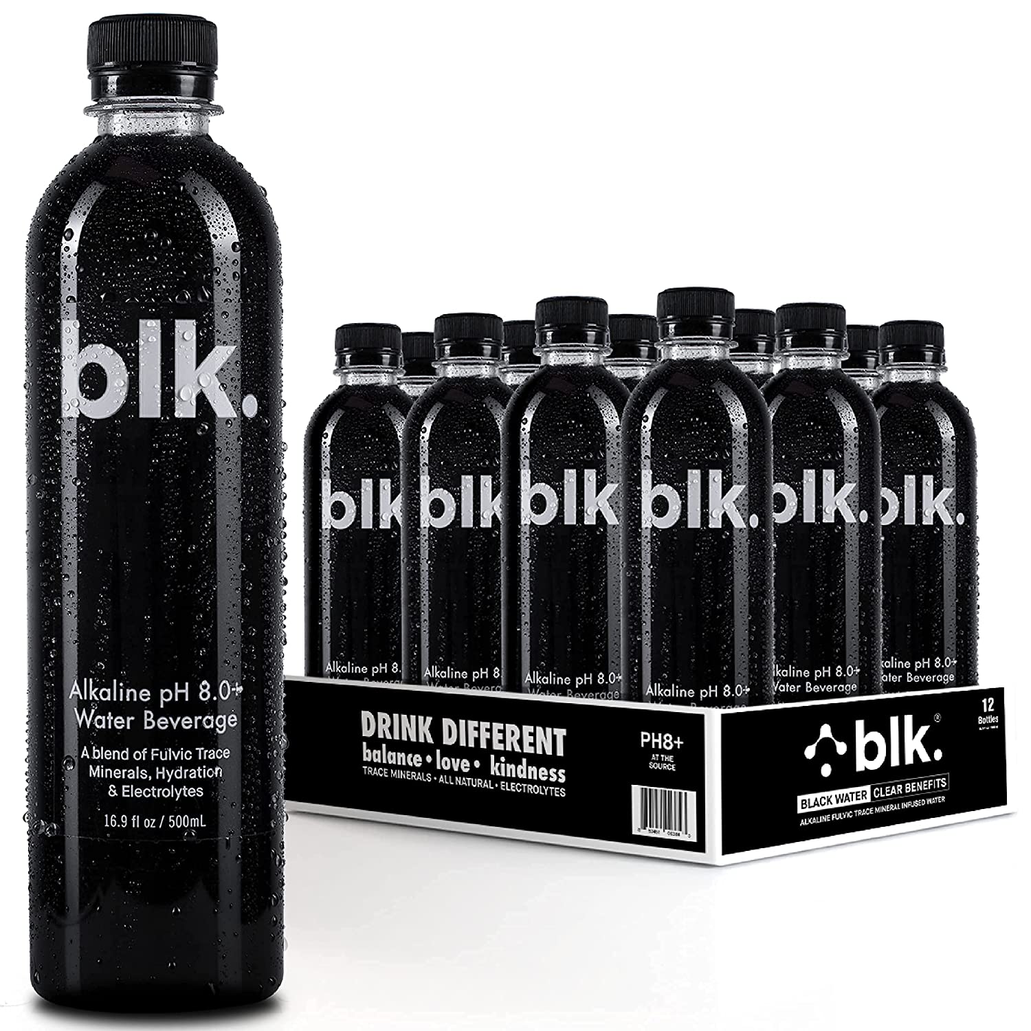 blk. Natural Mineral Alkaline Water. ph8+ Bioavailable Fulvic & Humic Acid Extract. 16.9oz 12pk