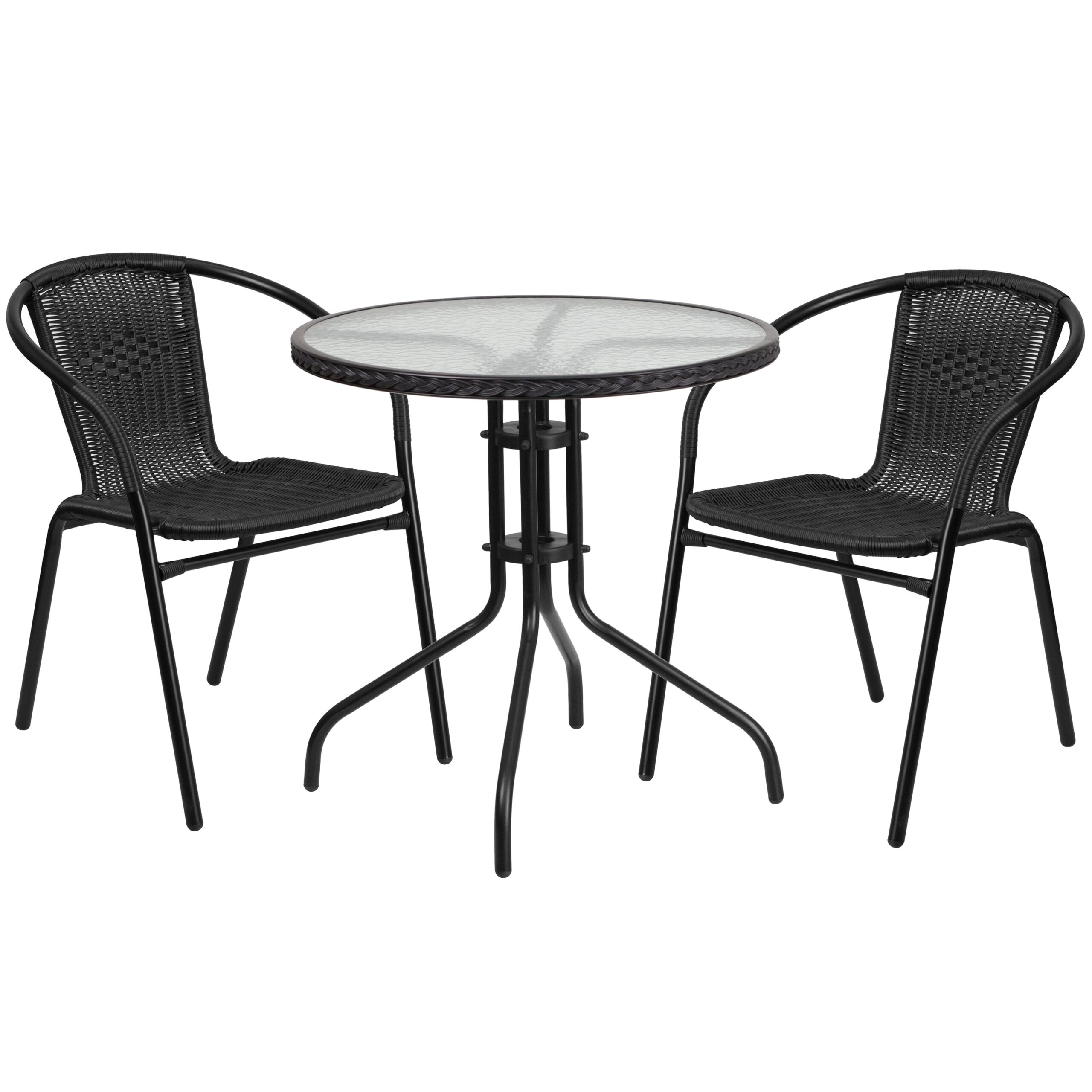 Flash Furniture 28” Round Glass Metal Table with Black Rattan Edging and 2 Black Rattan Stack Chairs
