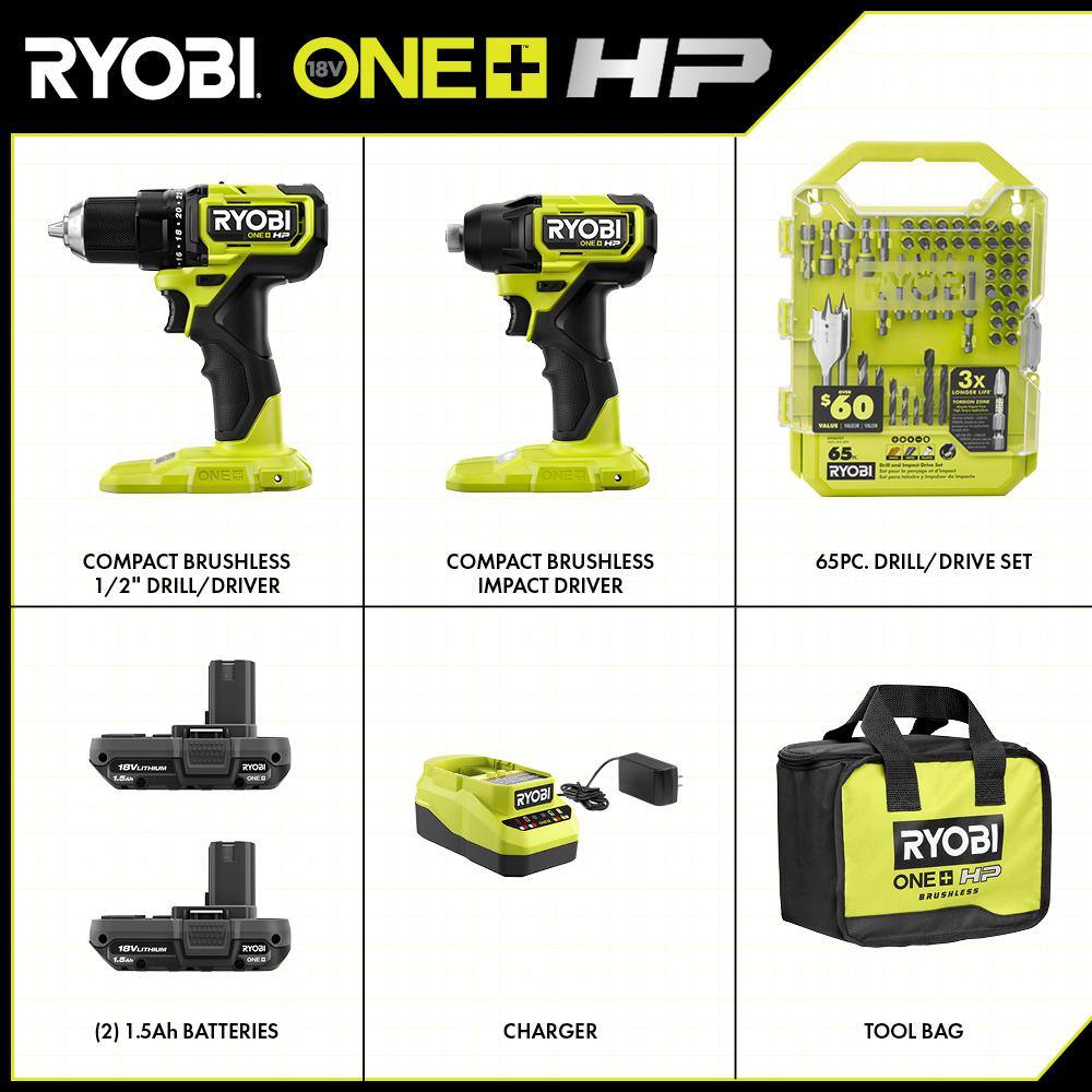 RYOBI PSBCK01K-A986501 ONE+ HP 18V Brushless Cordless Compact 2-Tool Combo Kit w/Drill. Impact Driver. Batteries. Charger. Bag. & 65PC Bit Set
