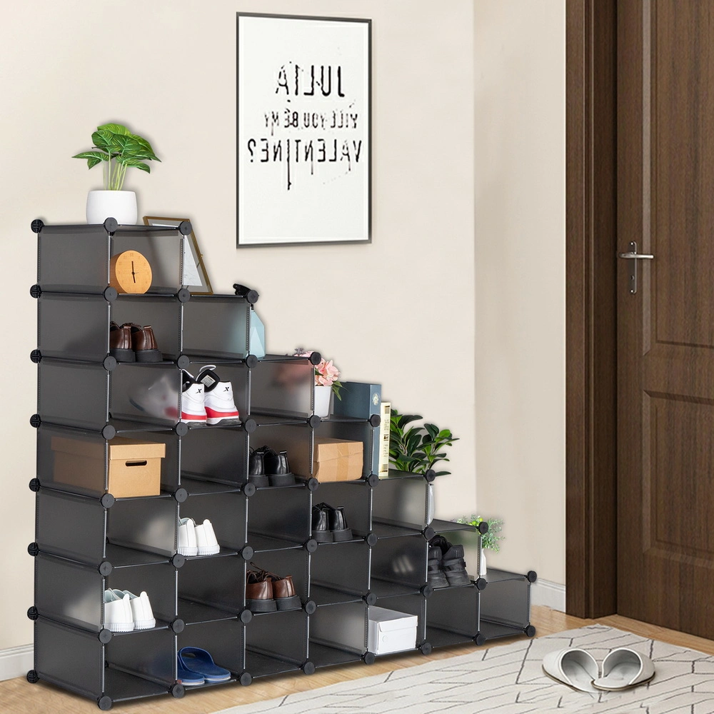 DISCOUNTTODAY 7-Tier Shoe Rack. Space Saving 28-Pair Plastic Shoe Units. Cabinet Storage Organizer. Ideal for Entryway Hallway Bathroom Living Room and Corridor 35.8 x 14.2 x 54.7
