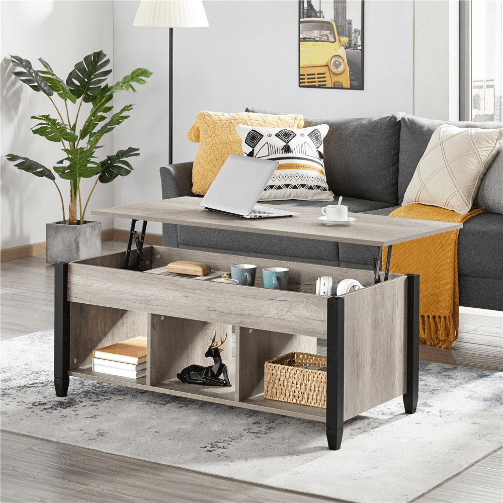 Alden Design 47.5″ Lift Top Coffee Table with 3 Storage Compartments. Rustic Gray