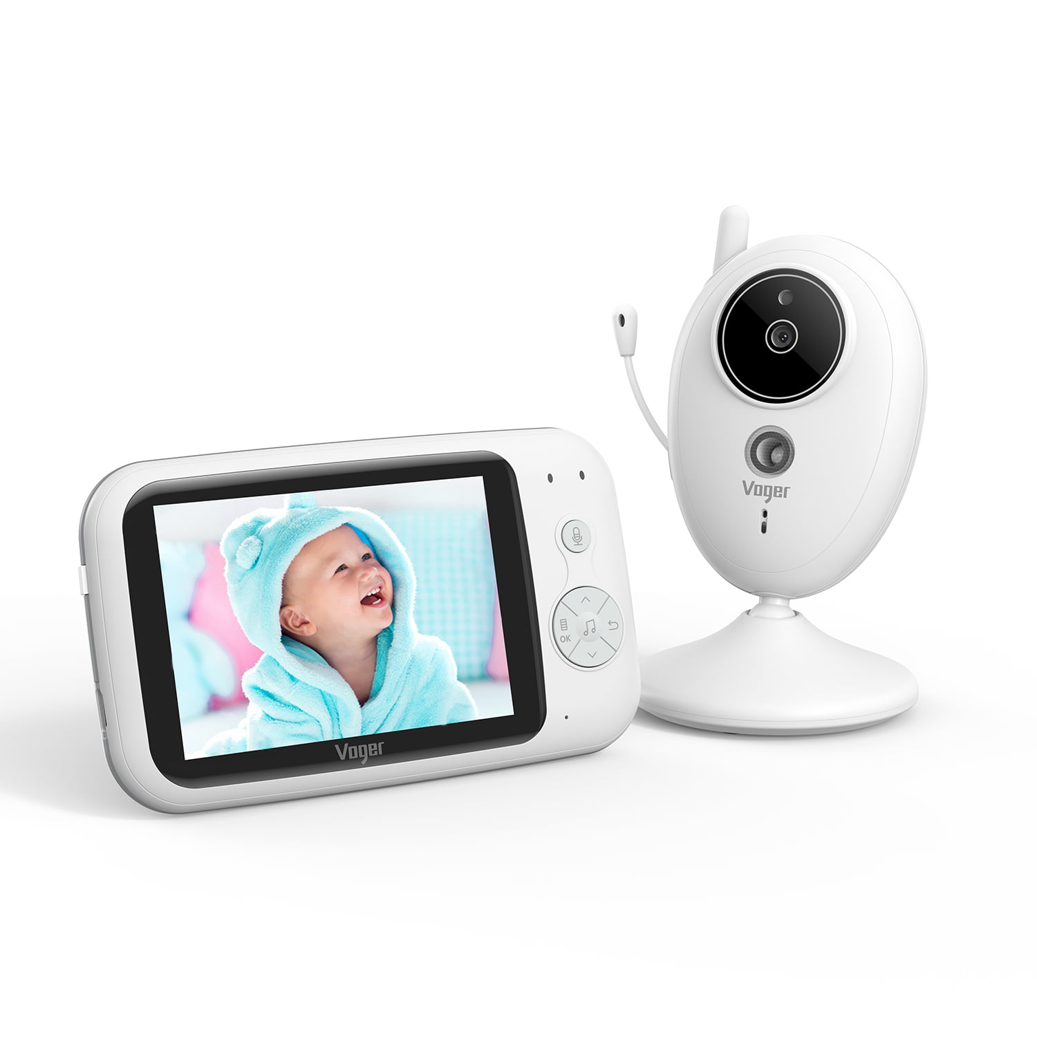 Voger Video Baby Monitor with Camera. 3.2-inch LCD Screen. 2.4GHz Wireless Digital Transmission. VOX Mode. Temperature Sensor. Night Vision. 8 Lullabies. Two Way Talk