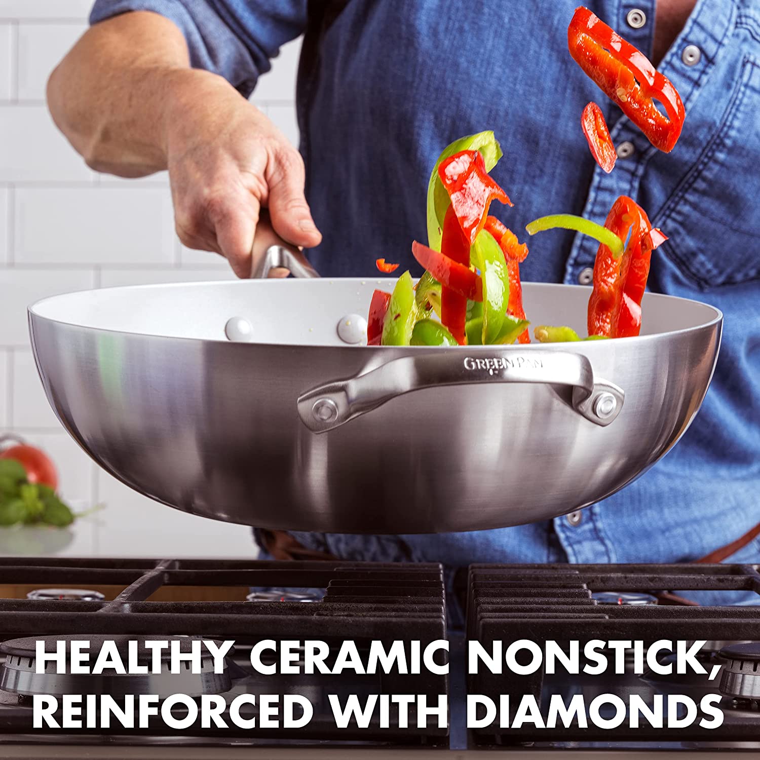 GreenPan Venice Pro Tri-Ply Stainless Steel Healthy Ceramic Nonstick 12″ Wok Pan with Helper Handle and Lid. PFAS-Free. Multi Clad. Induction. Dishwasher Safe. Oven Safe. Silver ( CC002258-001)