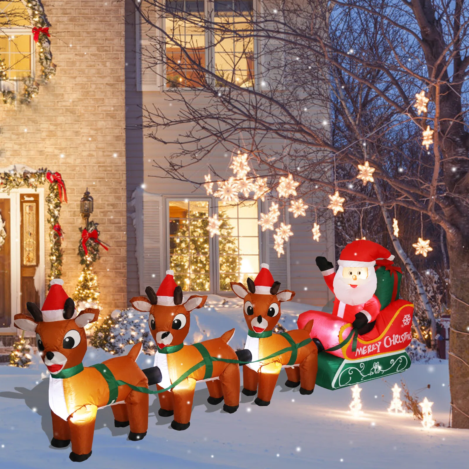 8Ft Long Lighted Christmas Santa Claus On Sleigh With 3 Reindeer & Gift Bag Inflatable