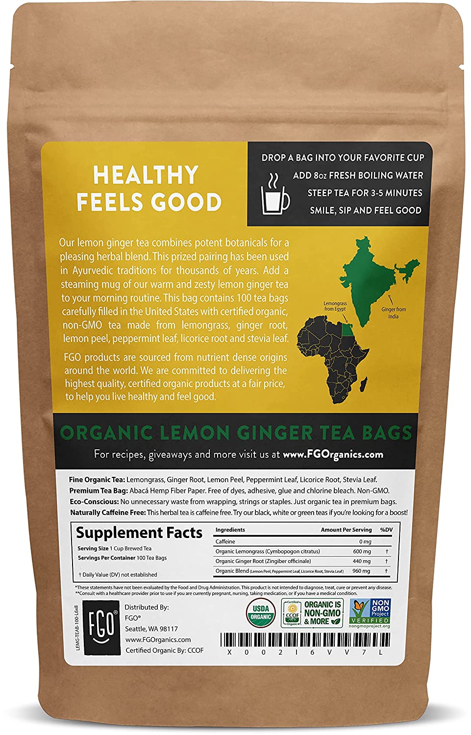 FGO Organic Lemon Ginger Tea Bags 100 Tea Bags Eco-Conscious Tea Bags in Kraft Bag