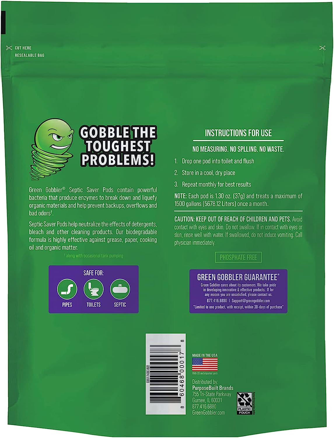 Green Gobbler Septic Saver Bacteria Enzyme Pacs | 2 Year Septic Tank Supply | Septic Tank Teatment Packets