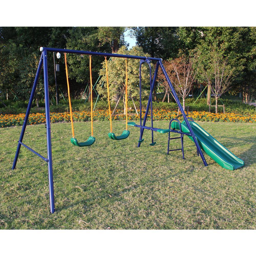 LN20232280 Metal Outdoor Swing Set with 2 Swing Seats. 1 Glider. 1 Slide