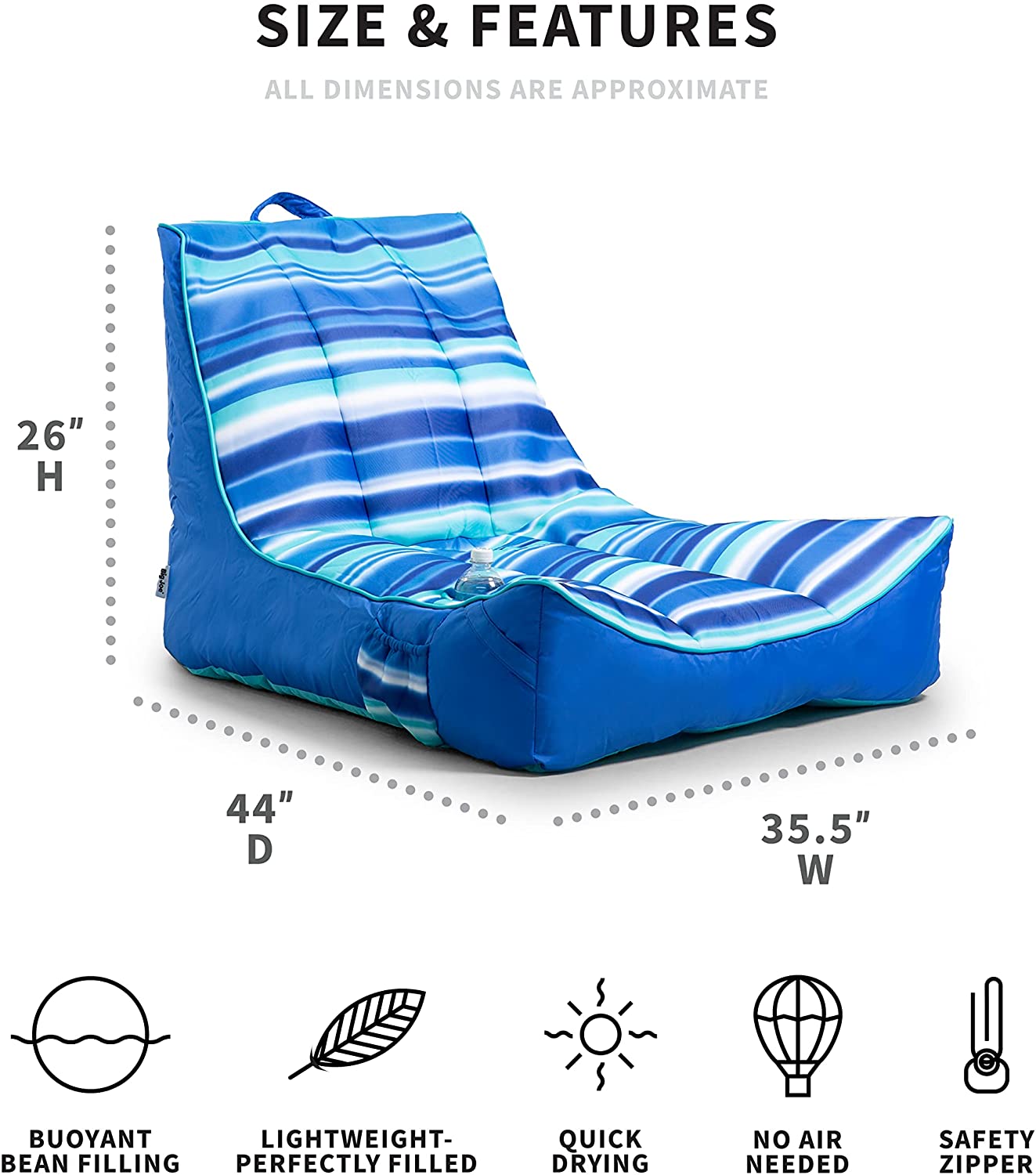 Big Joe Captain-s Float No Inflation Needed Pool Lounger with Drink Holder. Blurred Blue. 3ft
