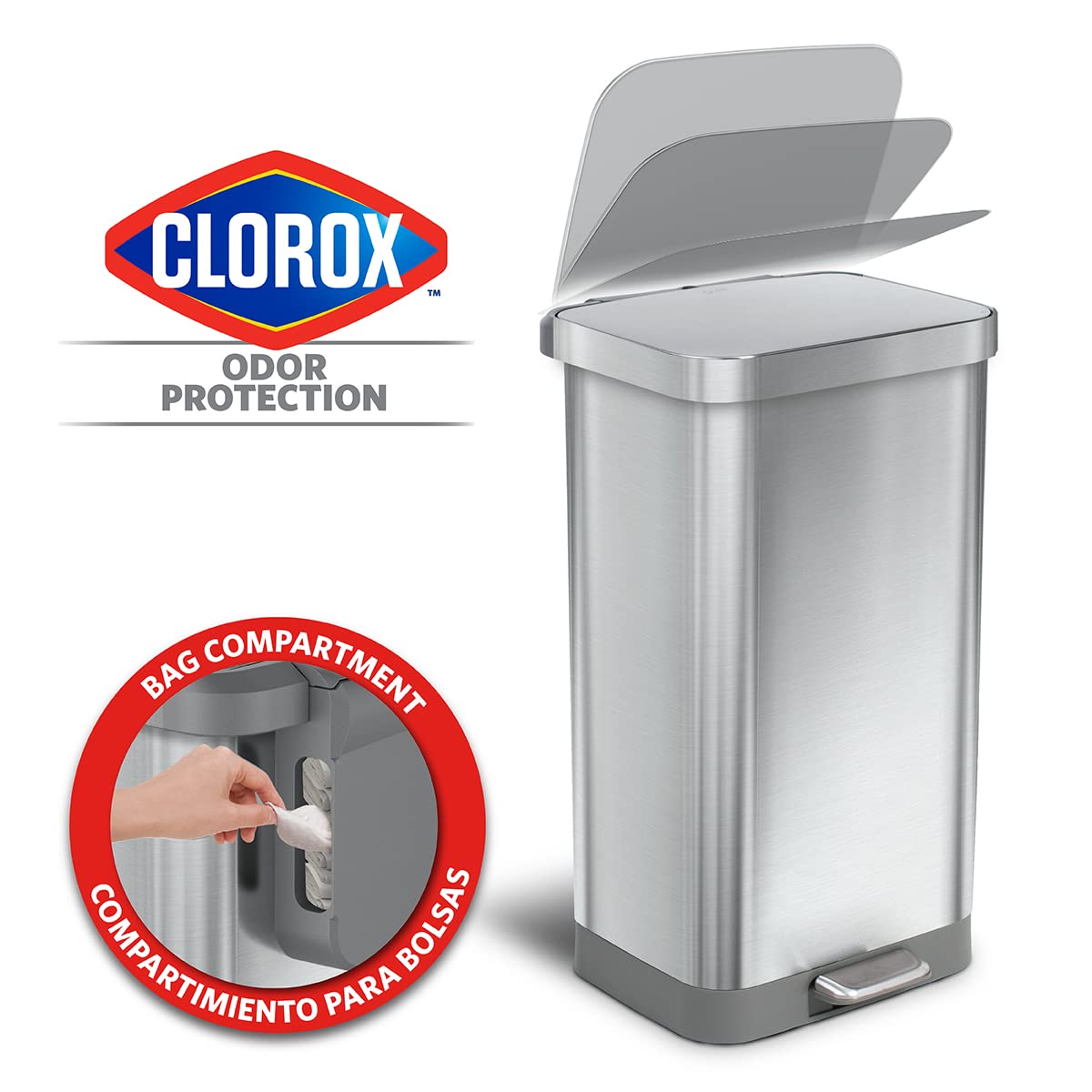 Glad Stainless Steel Step Trash Can with Clorox Odor Protection | Large Metal Kitchen Garbage Bin with Soft Close Lid. Foot Pedal and Waste Bag Roll Holder. 20 Gallon. All Stainless