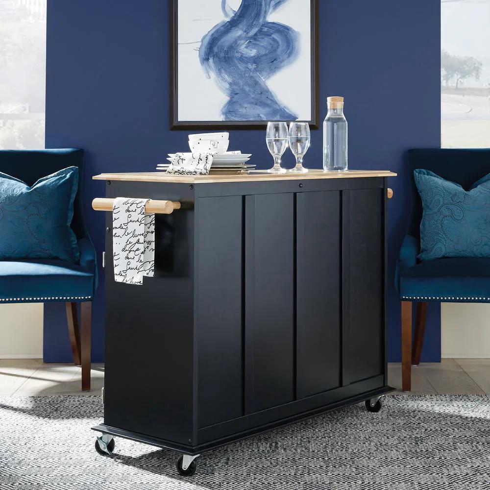 HOMESTYLES Dolly Madison Black Kitchen Cart with Natural Wood Top