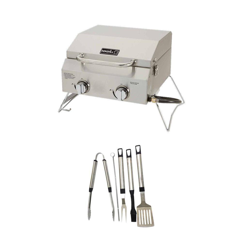 Nexgrill 820-0033XA 2-Burner Portable Propane Gas Table Top Grill in Stainless Steel Plus Tool Set