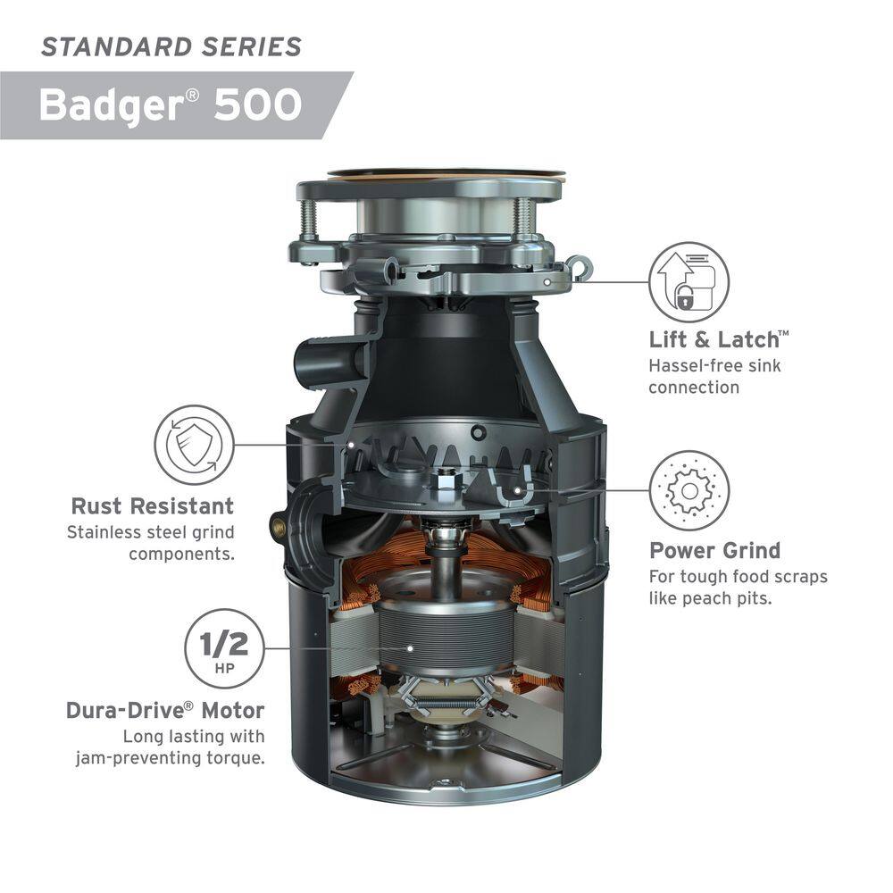 InSinkErator BADGER 500 Badger 500 Lift & Latch Standard Series 1/2 HP Continuous Feed Garbage Disposal