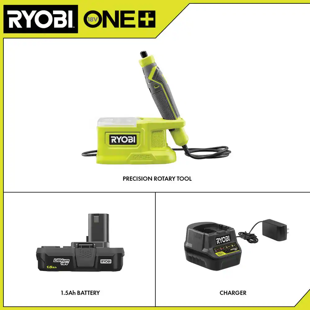 RYOBI PRT100KN ONE+ 18V Cordless Precision Rotary Tool Kit with Precision Rotary Accessories. 1.5 Ah Lithium-Ion Battery. and Charger