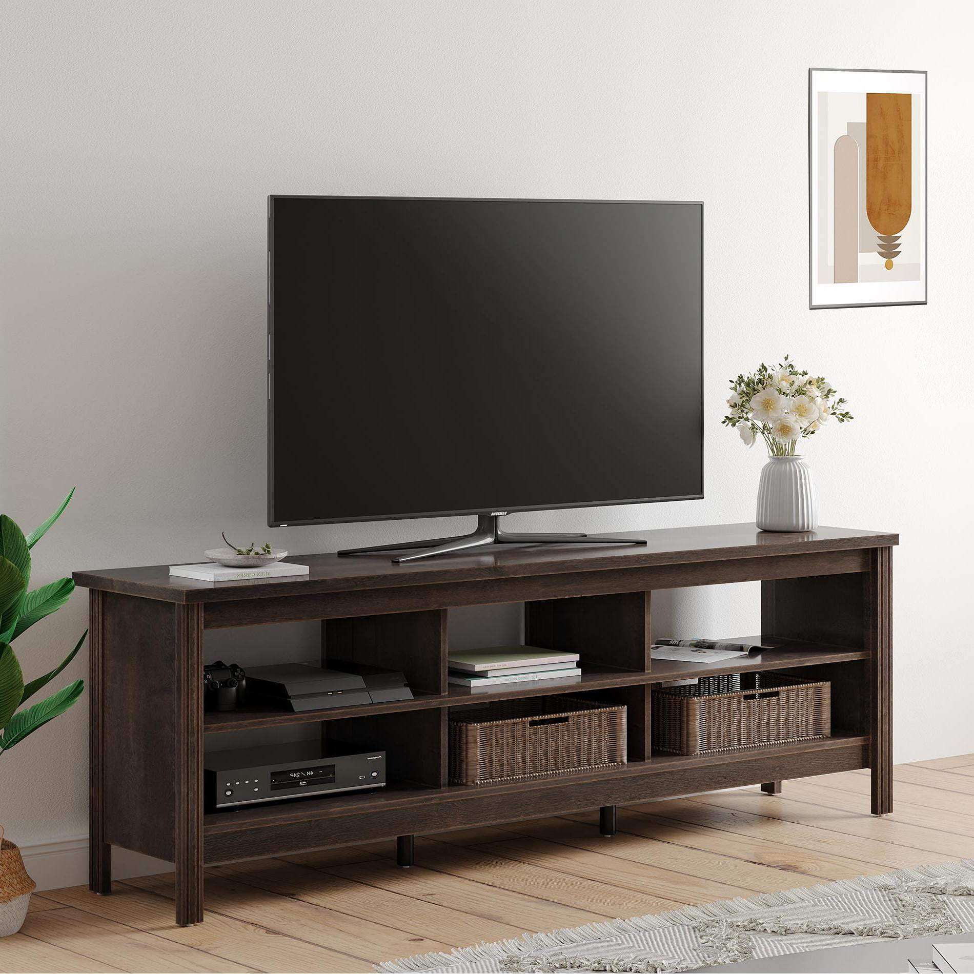 TV Stand for 80 Inch TV. Farmhouse TV Cabinet for 75 inch TV with 6 Storages. Living Room TV Console Table Entertainment Center. 70 inch Espresso