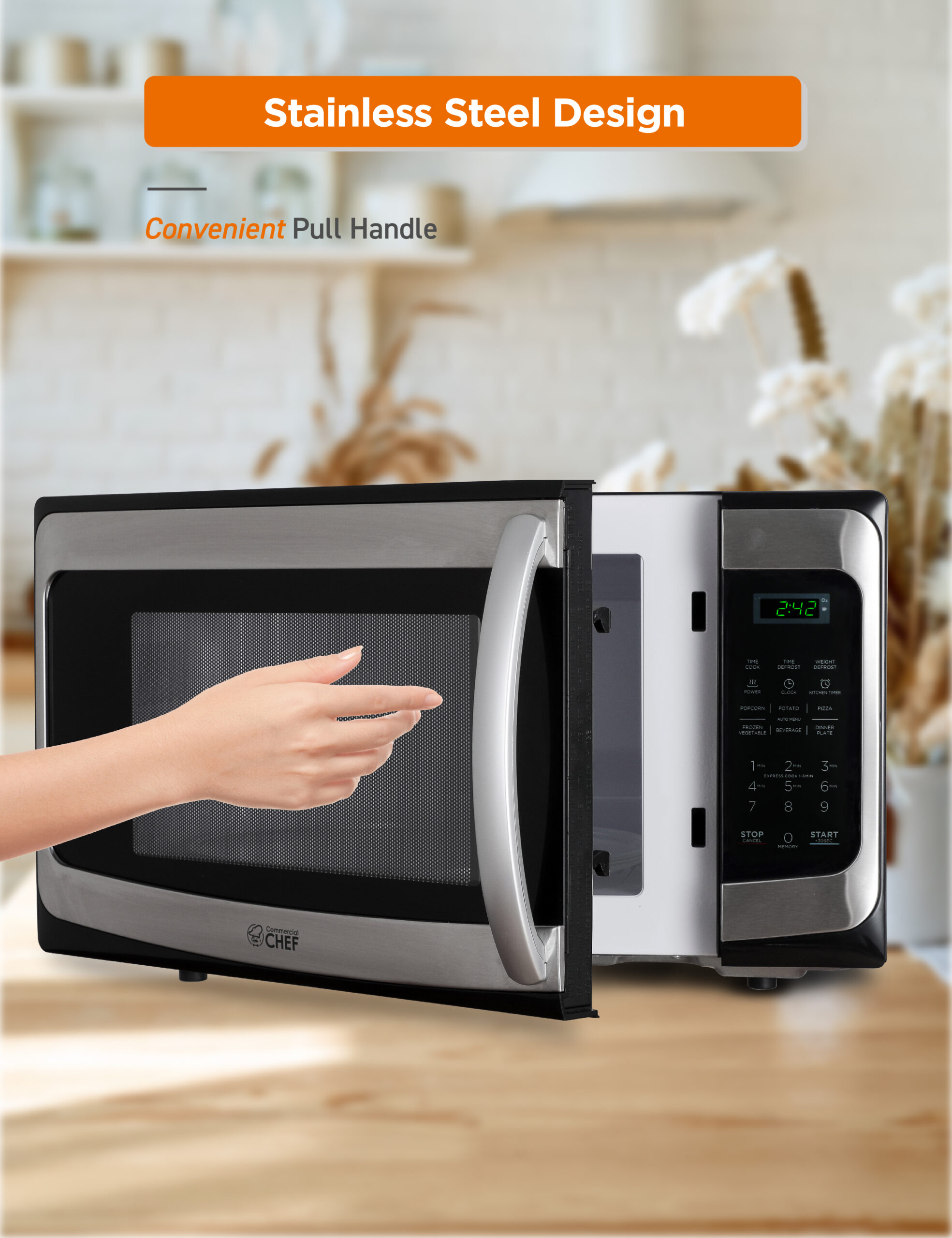 COMMERCIAL CHEF 1.1 cu. ft. Countertop Digital Microwave Oven. Stainless Steel Trim