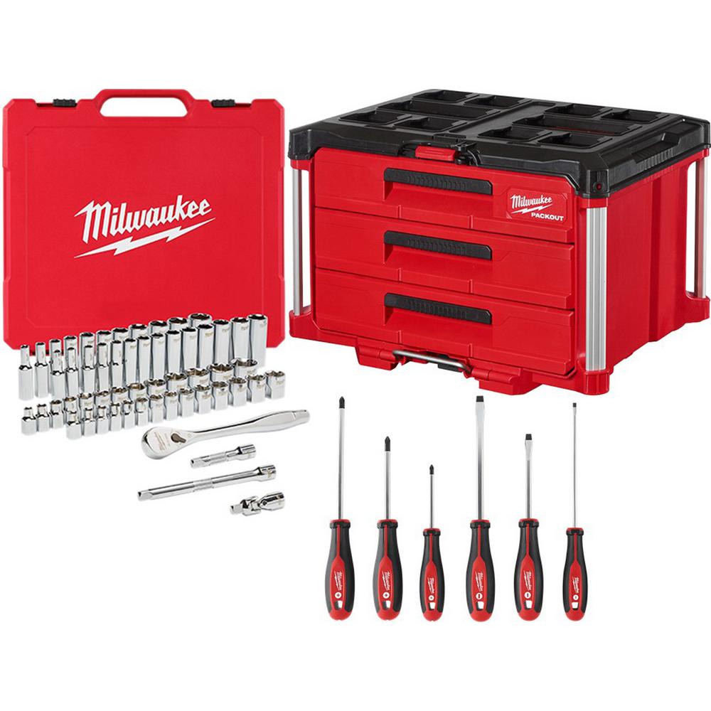 Milwaukee 48-22-9008-48-22-2706-48-22-8443 3/8 in. Drive SAE/Metric Mechanics Tool Set (62-Piece) with PACKOUT 3-Drawer Tool Box