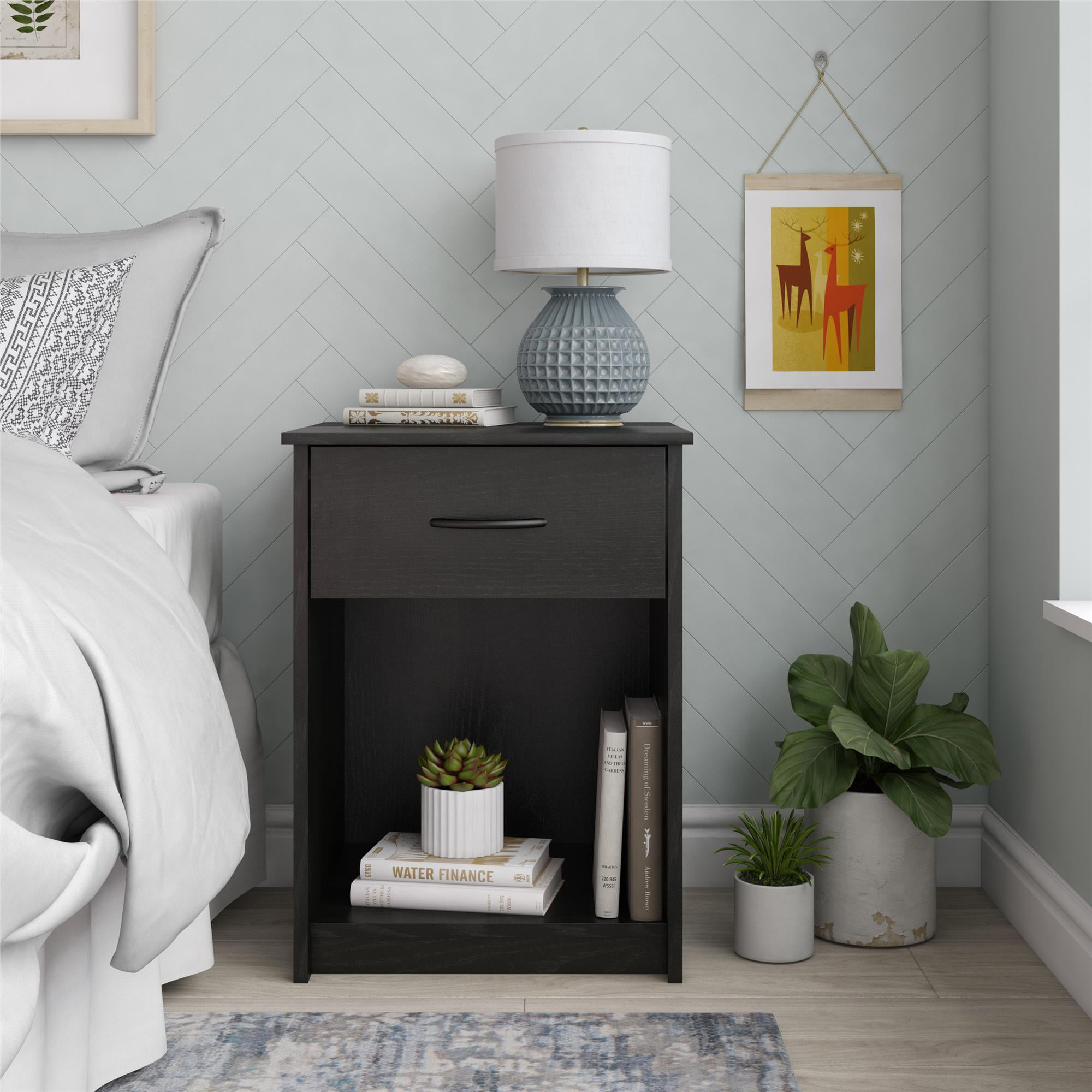 Mainstays Classic Nightstand with Drawer. Black Oak