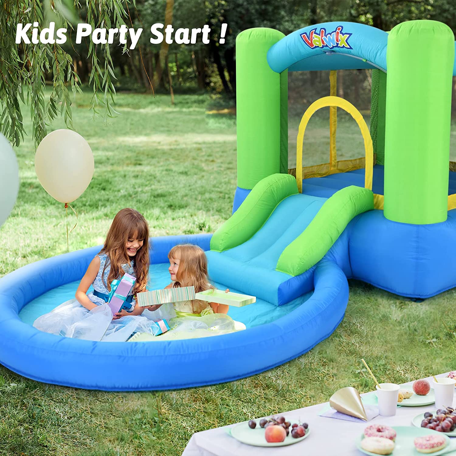 Valwix Inflatable Bounce House with Blower. Bouncy Castle w/Waterslide & Pool for Wet Dry Combo. Bouncer w/Repair Kits. Fun Bounce Area with Basketball Hoop. Green