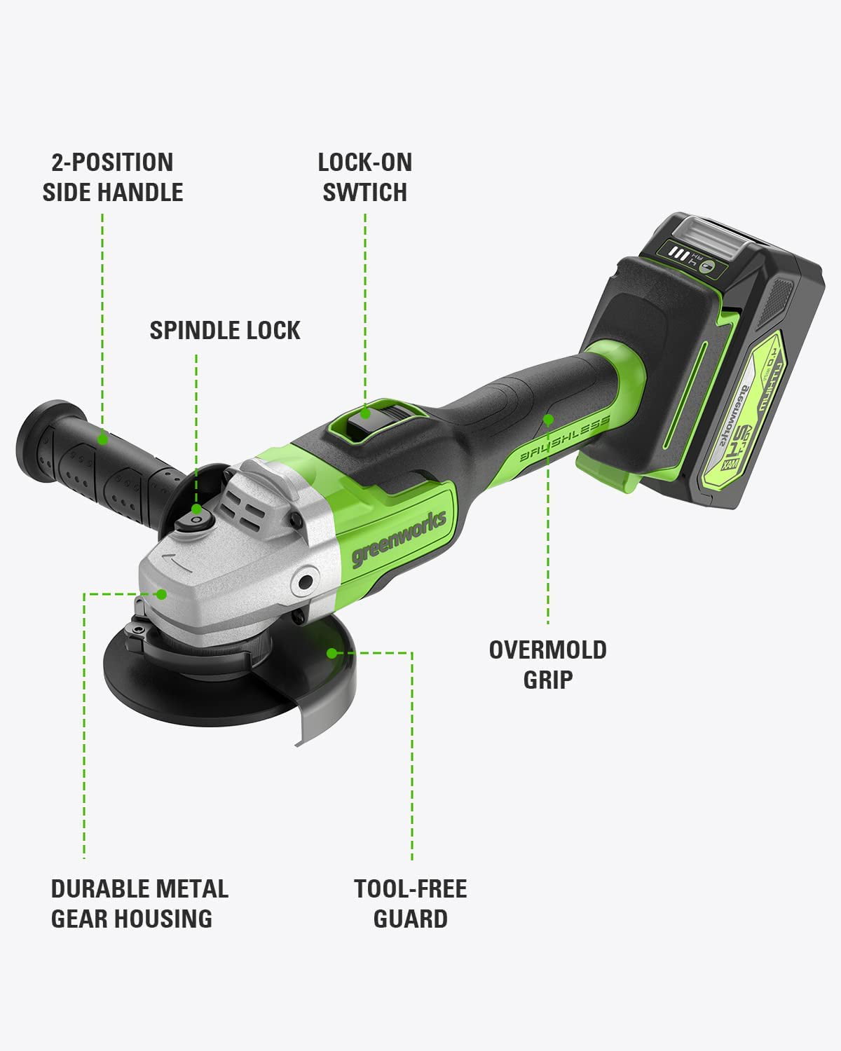 Greenworks 24V Angle Grinder Brushless Cordless. 4-1/2-Inch. with 4AH Battery and 2A Charger