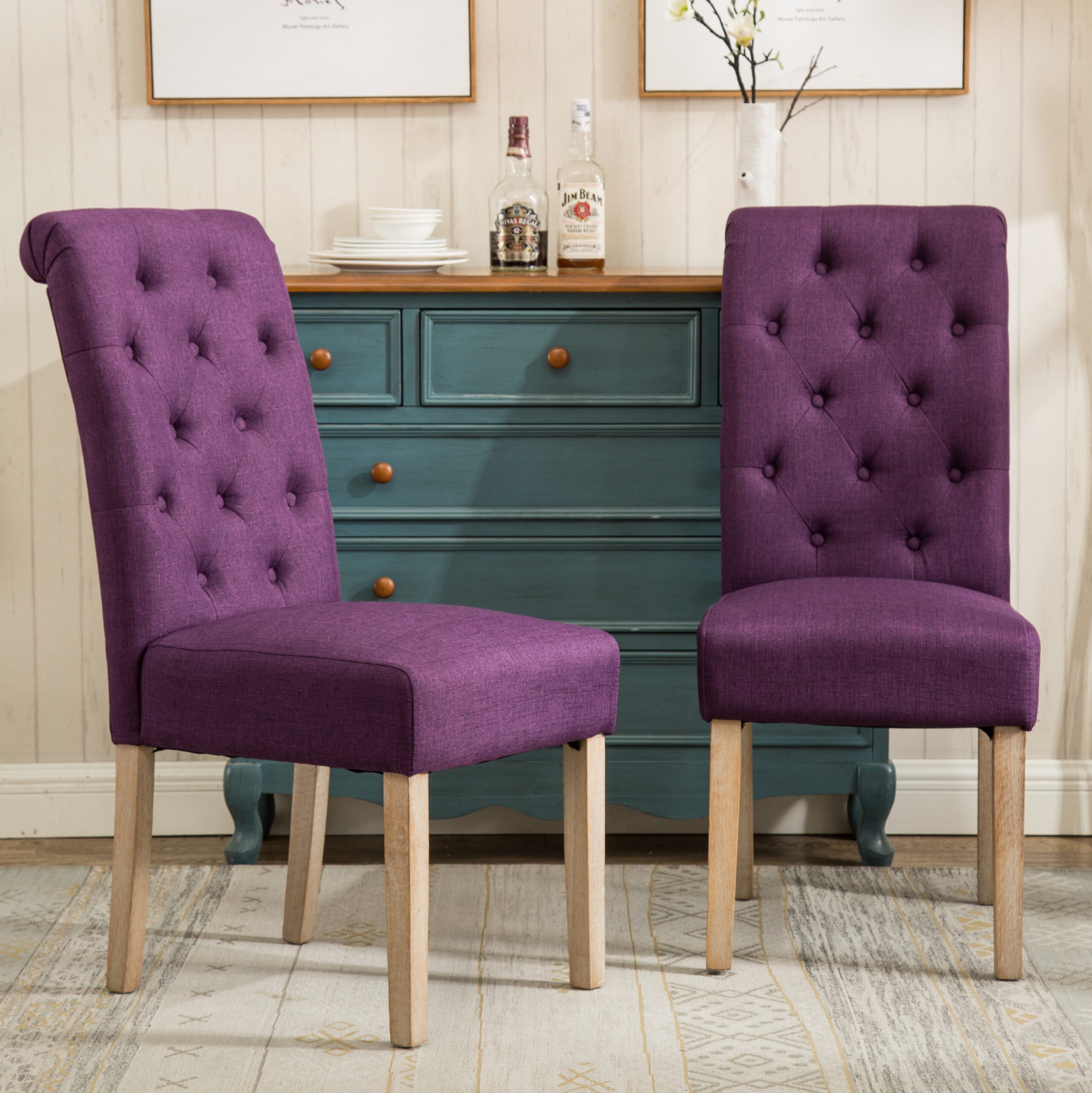 Roundhill Furniture Habit Contemporary Parsons Chair. Set of 2. Fabric and Solid Rubberwood. Purple