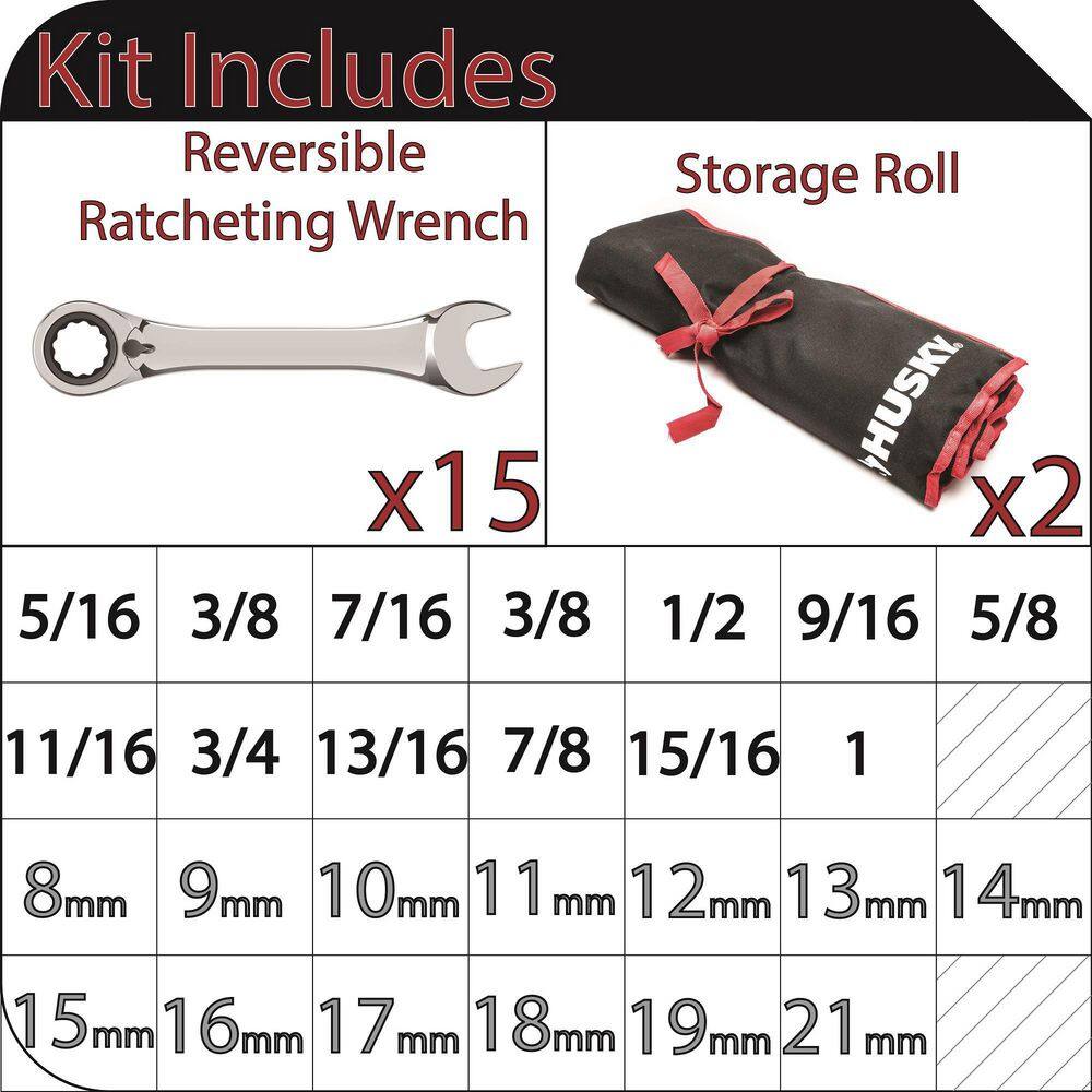 Husky HRRW25PCSAEMMC Master Metric and SAE Reversible Ratcheting Wrench Set (25-Piece)