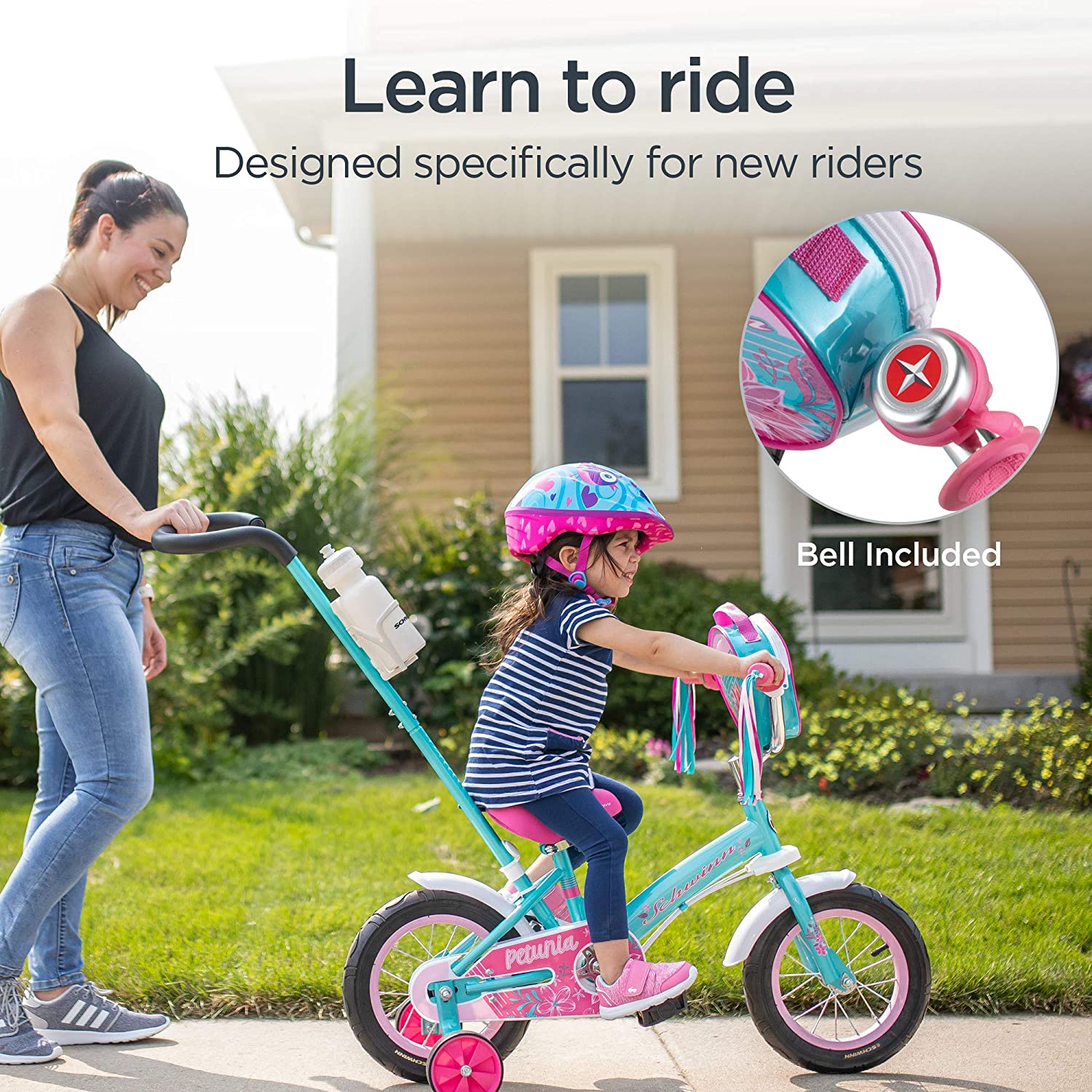 Schwinn Grit and Petunia Steerable Kids Bike. Boys and Girls Beginner Bicycle. 12-Inch Training Wheels. Easily Removed Parent Push Handle with Water Bottle Holder for Perfect for Young Beginners. Pink