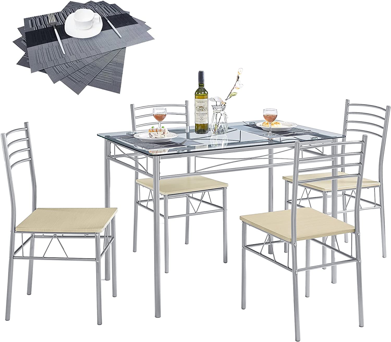 VECELO Kitchen Dining Room Table and Chairs 4. 5-Piece Dinette Sets. Space Saving (Silver). Silvery